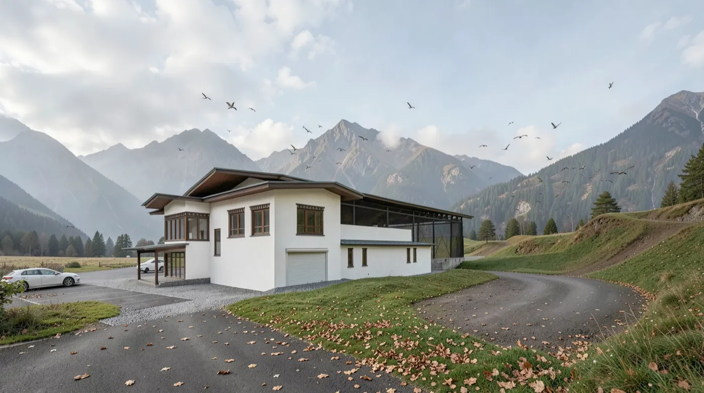 The aBit Arch cricket academy design, a white building with traditional Bhutanese window detailing set against mountains