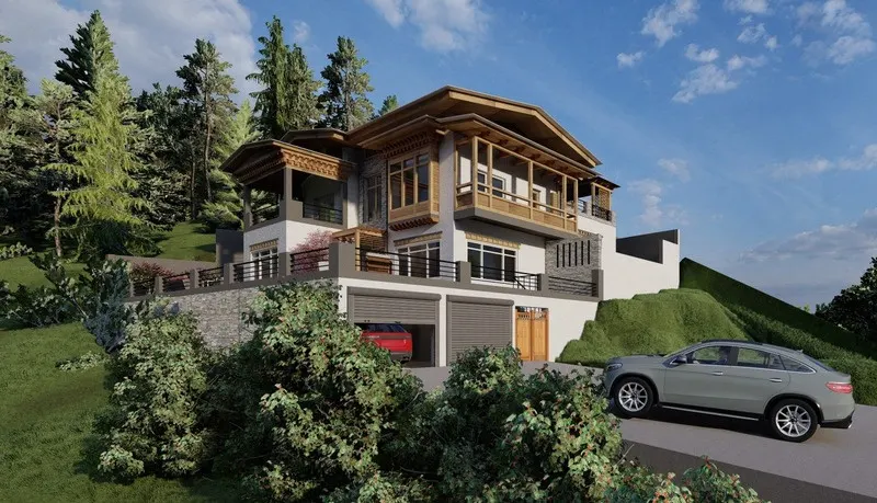 Exterior render of a split-level duplex residence at Khachadapchu