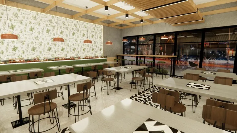 Interior render of the Spice Bowl quick-service restaurant in London