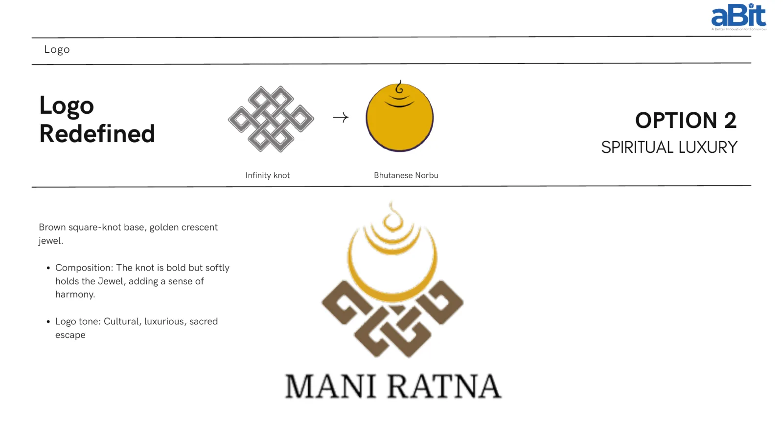 The chosen logo direction for Mani Ratna Resort — a brown square-knot base beneath a golden crescent jewel