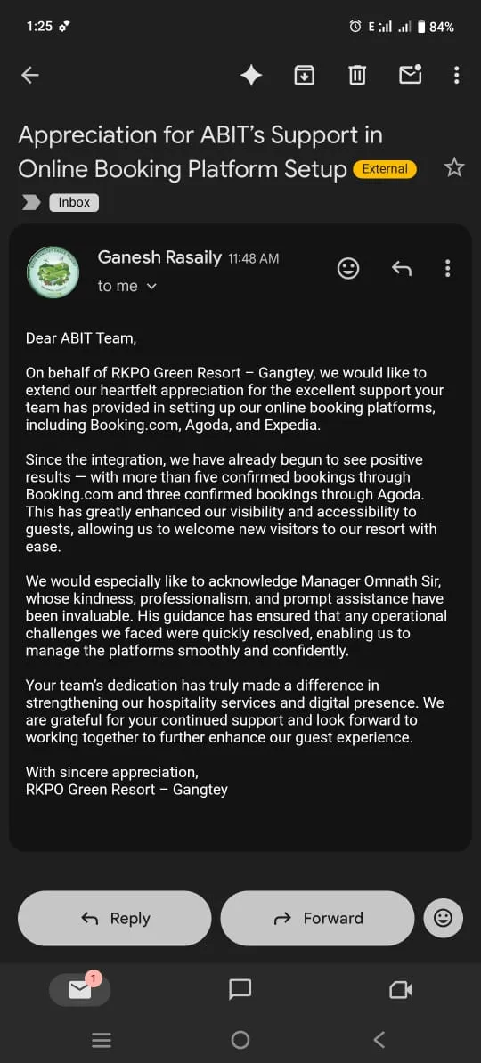 Feedback from RKPO Green Resort to aBit Private Limited (1)